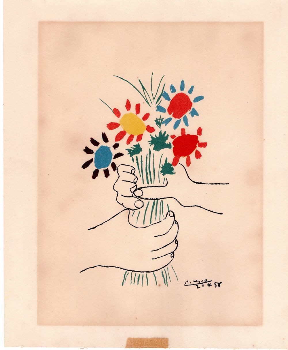 Pablo Picasso Bouquet Of Peace Hand with Flowers Print 11x13 Vintage Modern Art